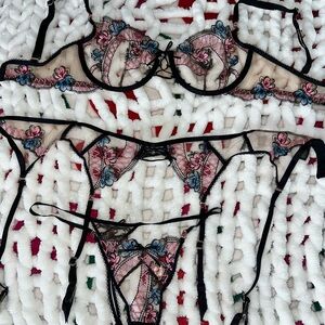 Honey Birdette Black and Pink Embroidered Bra Set